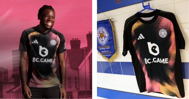 Leicester City away shirt in black with pink and orange graffiti pattern